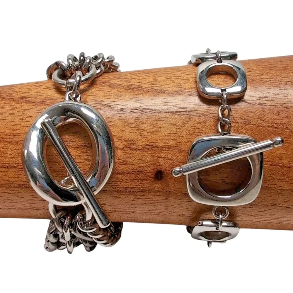 Stainless Steel Toggle Bracelets Chunky Multi Strand Geometric Silver Tone